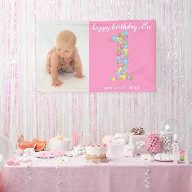 Baby Girl Boy 1st Birthday Balloons Number One Banner (Party)