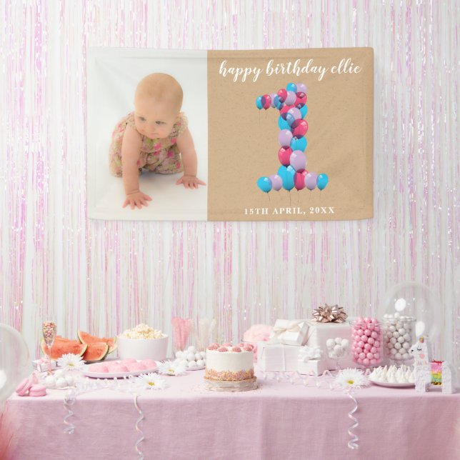 Baby Girl Boy 1st Birthday Balloons Number One Banner (Party)