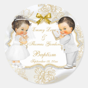 Baby Girl Boy Twins Communion Baptism Gold Cross Classic Round Sticker