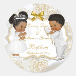 Baby Girl Boy Twins Communion Baptism Gold Cross Classic Round Sticker