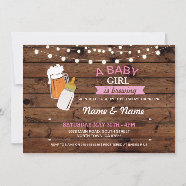 Baby Girl Brewing Shower Beers Pink Wood Invite (Front)