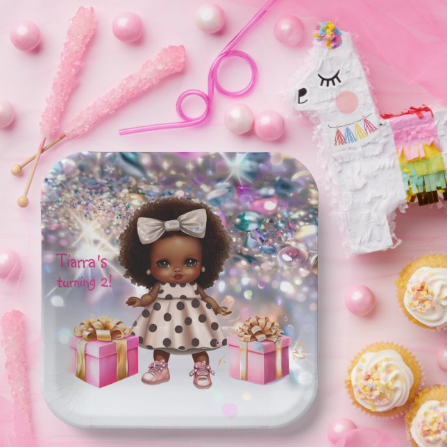 Baby Girl Brown Skin Bling Party Paper Plate (Party)