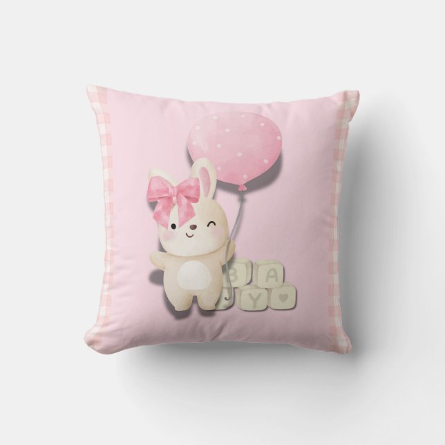  Baby Girl Bunny Nursery Print – Pink Gingham Anim Cushion (Front)