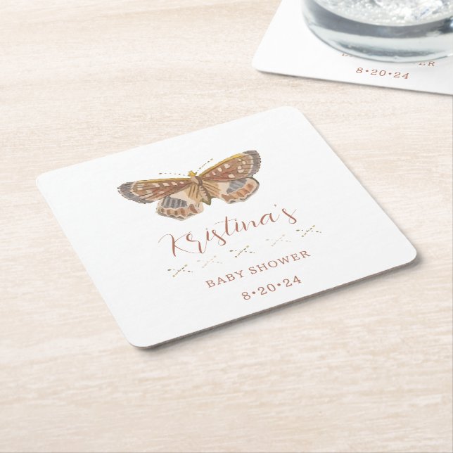 Baby Girl Butterfly Kisses Baby Shower Square Paper Coaster (Angled)