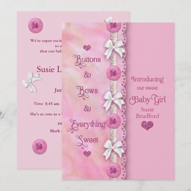 Baby Girl Buttons and Bows Pink Announcement (Front/Back)