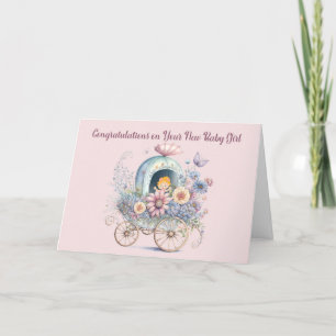 Baby Girl Card Carriage Flowers & Baby