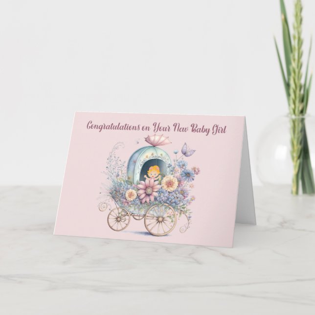 Baby Girl Card Carriage Flowers & Baby (Front)