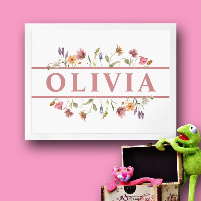 Baby Girl Child's Pink Wildflower Name Wall Art  (Beautiful floral wall art name plaque for nursery or girl's bedroom.  Pretty in pink.)
