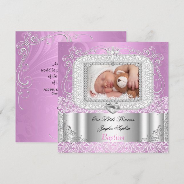 Baby Girl Christening Baptism pink purple Invitation (Front/Back)