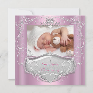 Baby Girl Christening Baptism Pink Silver Cross Invitation
