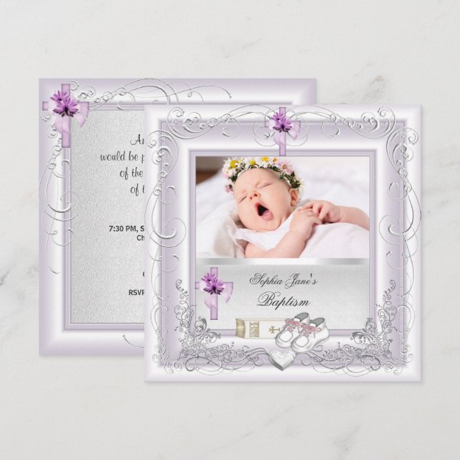Baby Girl Christening Baptism White Lilac Pink Invitation (Front/Back)
