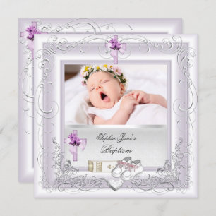 Baby Girl Christening Baptism White Lilac Pink Invitation