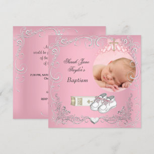 Baby Girl Christening Baptism White Pink Bible Announcement