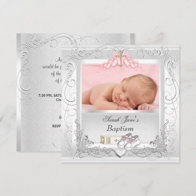 Baby Girl Christening Baptism White Pink Invitation (Front/Back)