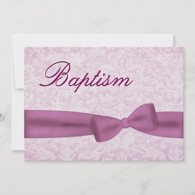 Baby Girl Christening Pink Damask Metallic Invitation (Front)