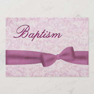 Baby Girl Christening Pink Damask Metallic Invitation