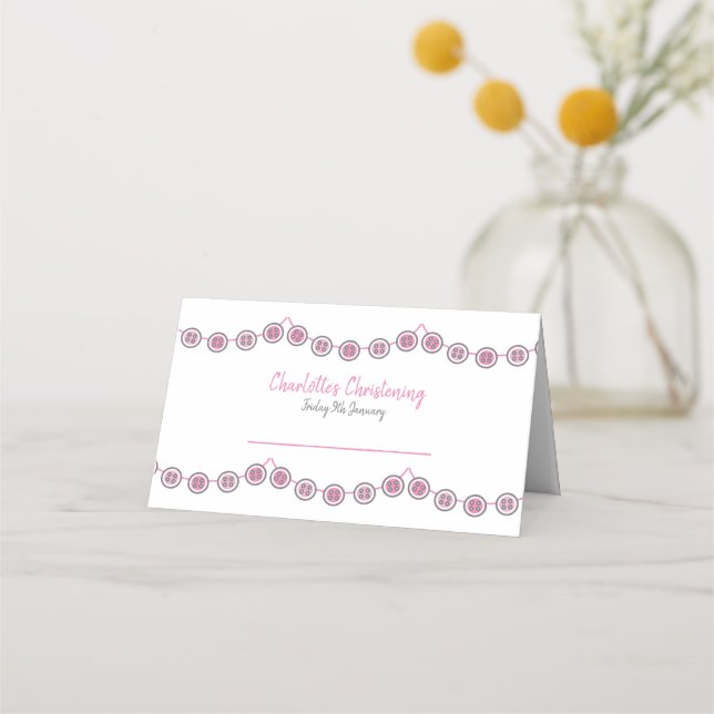 Baby girl christening pink & white button bunting place card (Front)