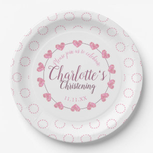Baby girl Christening pink & white flower plate