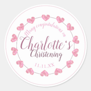 Baby girl christening pink & white heart gift classic round sticker