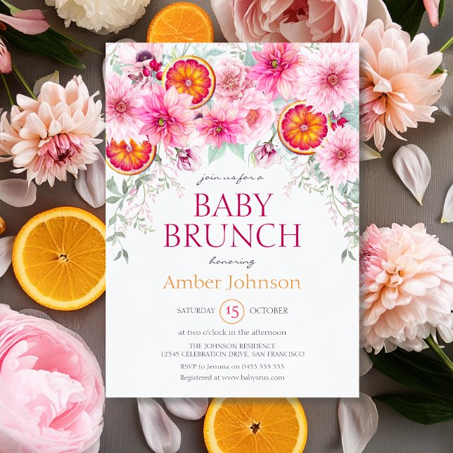 Baby Girl Citrus and Pink Flowers Baby Shower Invitation (Citrus and Pink Watercolor baby shower invitation)