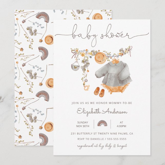 Baby Girl Clothesline Baby Shower Invitation (Front/Back)