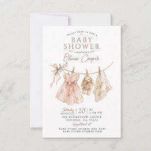 Baby Girl Clothesline Boho Blush Pink Baby Shower Invitation