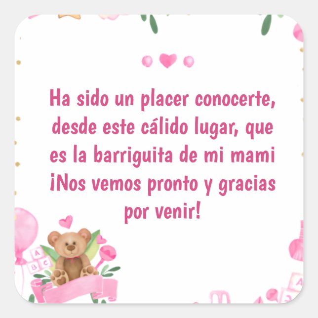 Baby Girl Coming Bear Baby Shower Pink Square Sticker (Front)