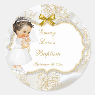 Baby Girl Communion Baptism Gold Cross Classic Round Sticker
