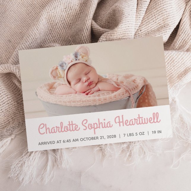Baby Girl Custom Photo Pink Retro Script Birth Announcement (Creator Uploaded)