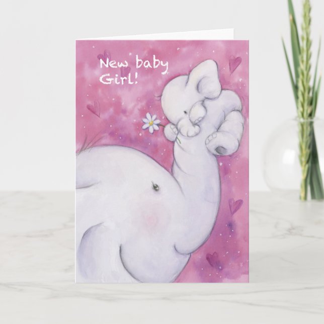 Baby Girl, Cute Elephant Mother and Baby Card (Front)