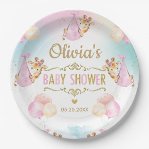 Baby Girl Cute Giraffe Balloons Baby Shower Paper Plate