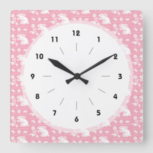 Baby Girl Cute Pink Bunny Rabbits Pattern Square Wall Clock