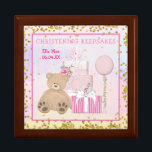 Baby Girl Cute Teddy Cake Christening Keepsakes Gift Box<br><div class="desc">Great to keep small mementos from this special occasion, the design is a cute teddy bear sits in front of a beautiful pink christening cake alongside a balloon and gift, edged with gold confetti. The informal typography Christening Keepsakes and your baby’s name and date of birth or date of the...</div>