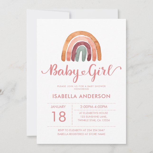 Baby Girl Cute Watercolor Boho Rainbow  Invitation (Front)
