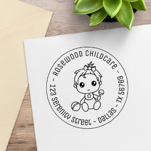 Baby Girl Daycare Childcare Round Address Rubber Stamp