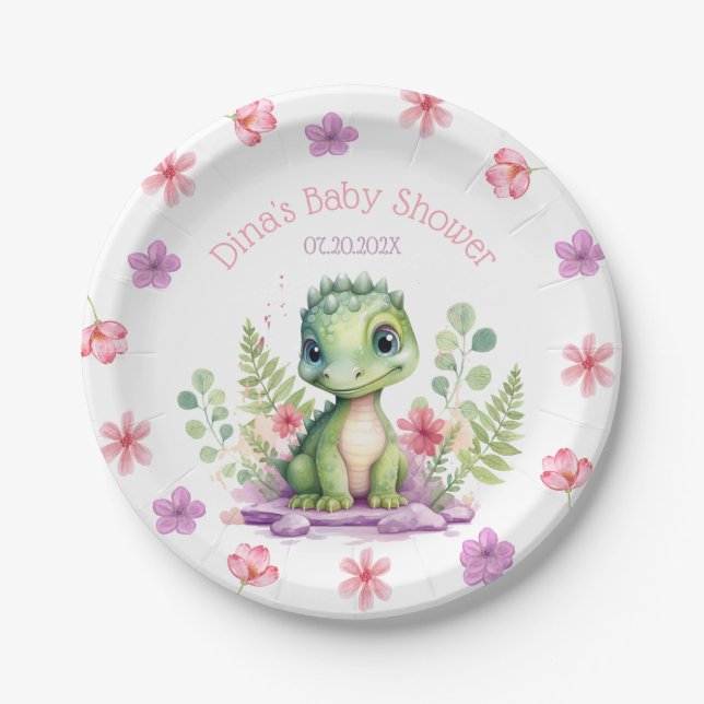 Baby Girl Dinosaur Pink and Purple Flowers Paper Plate (Front)