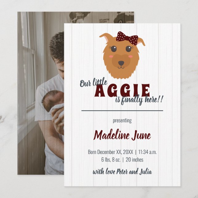 Baby Girl Dog Maroon Baby Announcement (Front/Back)