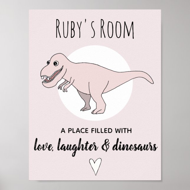 Baby Girl Doodle Dinosaur Pink T-Rex Name Nursery Poster (Front)