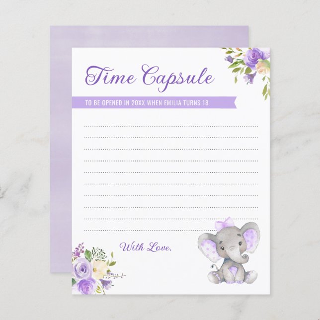 Baby Girl Elephant 1st Birthday Time Capsule Cards (Front/Back)