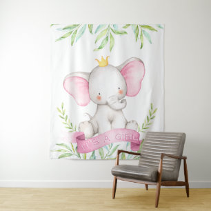 Baby Girl Elephant Baby Shower Backdrop Banner Tapestry