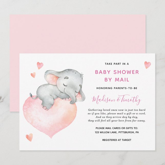 Baby Girl Elephant Baby Shower By Mail Invitation (Front/Back)