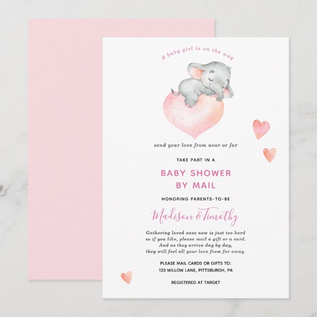 Baby Girl Elephant Baby Shower By Mail Invitation (Front/Back)