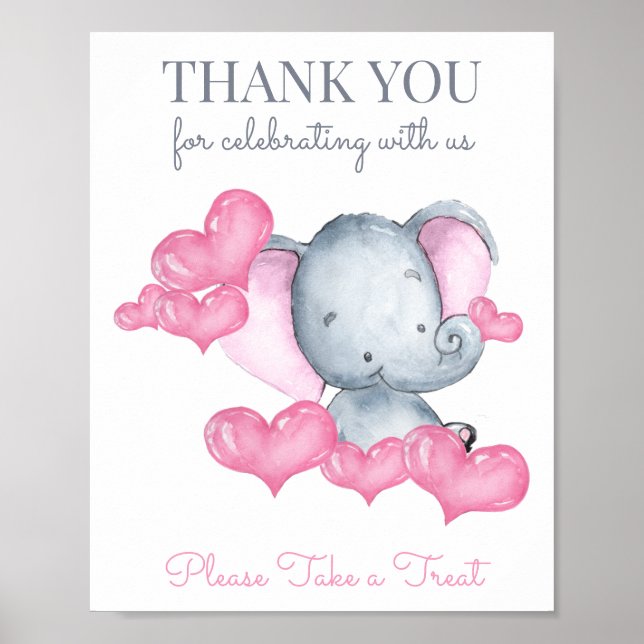 Baby Girl Elephant Baby Shower Favour Table Sign (Front)