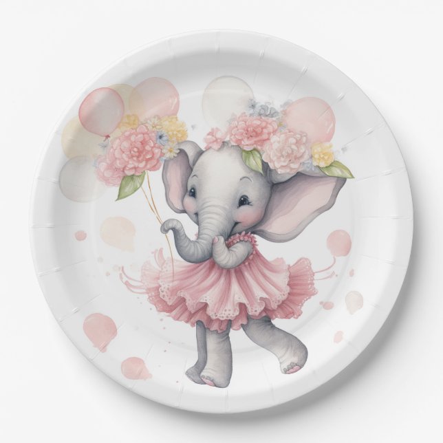 Baby Girl Elephant Baby Shower Plates (Front)