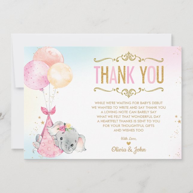 Baby Girl Elephant Balloons Baby Shower Sprinkle Thank You Card (Front)