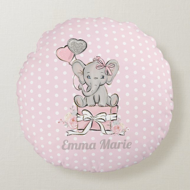 Baby Girl Elephant Balloons Pink Silver Glitter Round Cushion (Front)