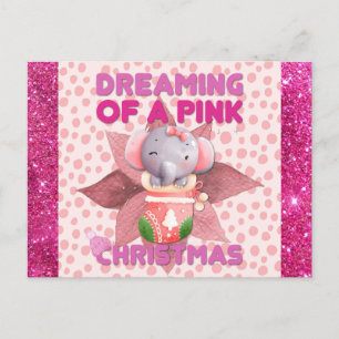 Baby Girl Elephant Dreaming of a Pink Christmas Postcard