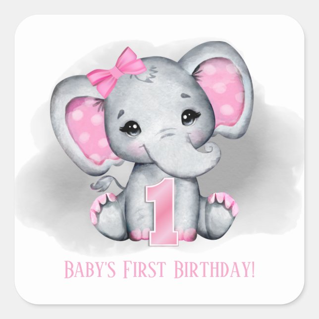 baby girl elephant first Birthday add text  Square Sticker (Front)