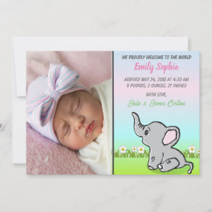 Baby Girl Elephant Flat Announcement Card