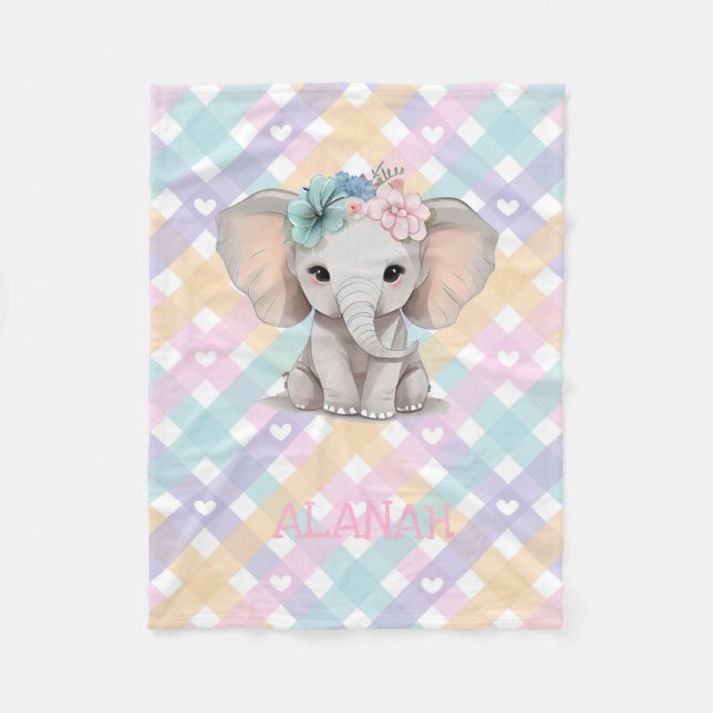 Baby Girl Elephant Gingham Fleece Blanket  Nursery (Front)